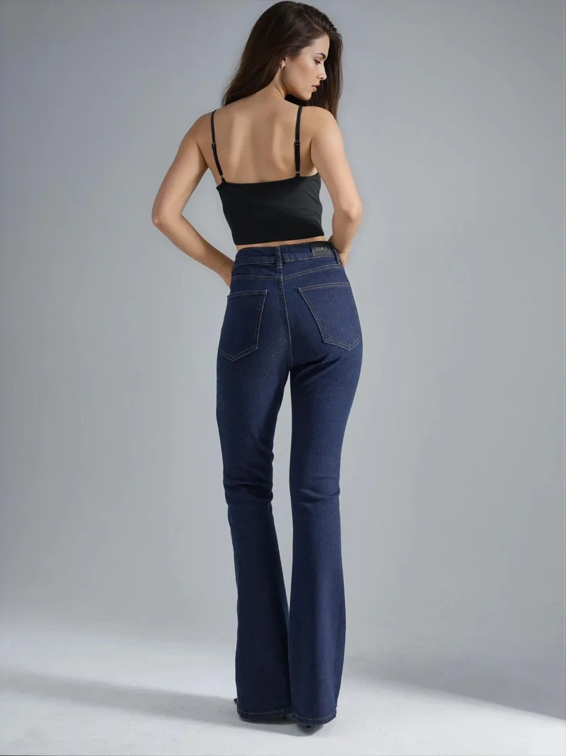 HICCUP Dark Blue Denim SQUALO Belt Detailed Flare Leg Denim Jeans for Women | Best Price UAE